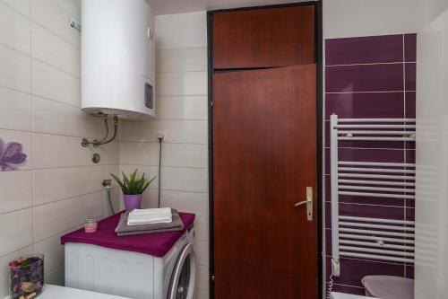 uma casa de banho com uma máquina de lavar roupa e uma porta de madeira em Apartment Many em Pula