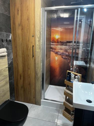 a bathroom with a shower and a sink at Apartamenty Na Fali in Darłówko