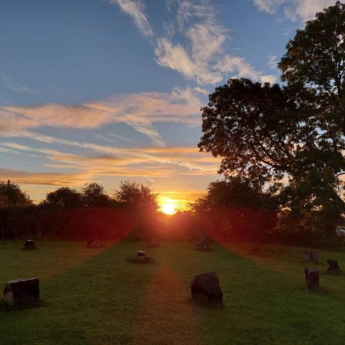 a sunset in a field with rocks and a tree at Butterfly Cottage Retreat - Private Studio Getaway in Delvin