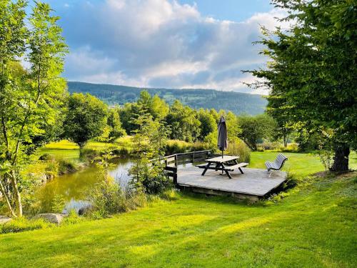a picnic table and chairs on a wooden deck next to a pond at ※ Résidence POMME DE PIN - Terrasse - Nature ※ in Xonrupt-Longemer
