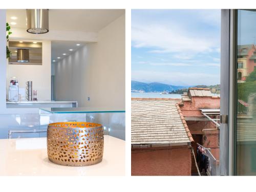 two images of a kitchen and a room with a table at White dreams in Portovenere