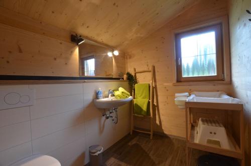 a bathroom with a sink and a mirror at Feriendorf Via Claudia Haus 75 Waldromantik in Lechbruck