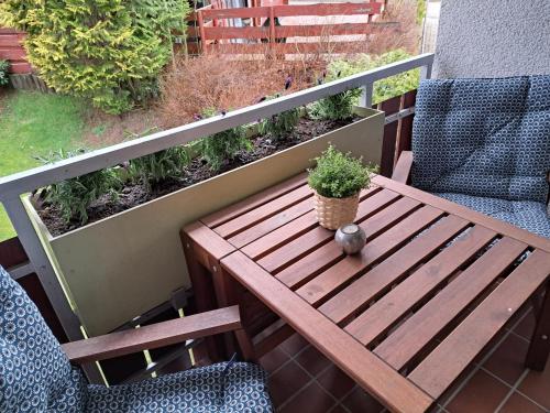 una mesa de madera y sillas en un balcón con una planta en Harzzeit, en Hahnenklee-Bockswiese