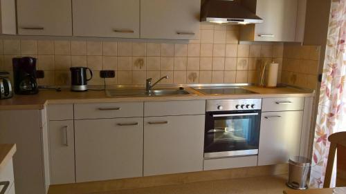 uma cozinha com um lavatório e um fogão em Ferienwohnung-Anja em Fladungen