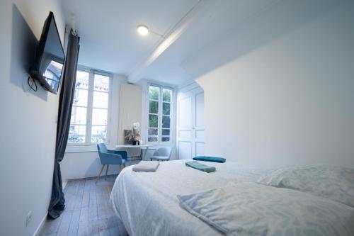 トロワにあるL'Oiseau De La Cathédrale - Calme - Jardin - Wifiのベッドルーム1室(ベッド1台、デスク、窓付)