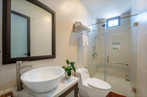 a bathroom with a sink and a toilet and a shower at Hoi An Ivy Hotel in Hoi An