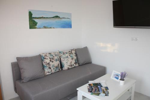 Sala de estar con sofá gris y mesa en Apartments Adria, en Tribunj