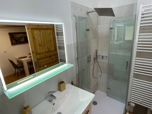 a bathroom with a shower and a sink and a mirror at Appartement zur Wied in Oberlahr