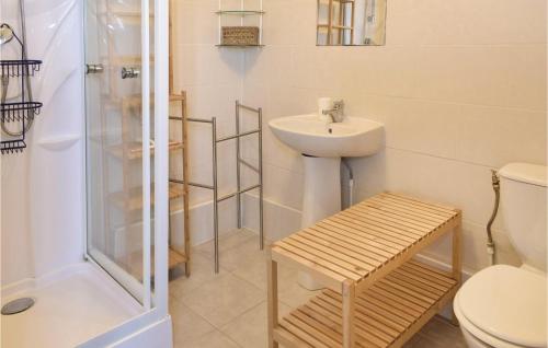 ein Bad mit einer Dusche, einem Waschbecken und einem WC in der Unterkunft Pet Friendly Home In St,clement Rancoudray With Private Swimming Pool, Can Be Inside Or Outside in Le Neufbourg