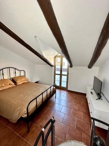 Schlafzimmer mit einem Bett und einem Schreibtisch mit einem TV in der Unterkunft Casa Cibrario - vicino Porta Susa F.S. in Turin