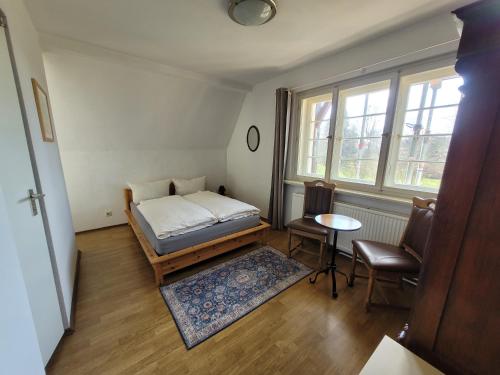 a bedroom with a bed and a table and chairs at Hillehof Ostrau in Bad Schandau
