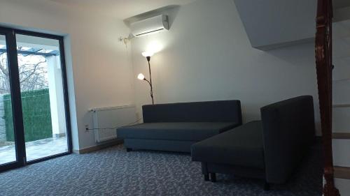 Cette chambre comprend un canapé, une chaise et une lampe. dans l'établissement JoyGate entire villa, à Otopeni