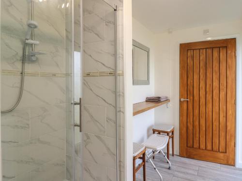 a bathroom with a glass shower with a wooden door at Brynteg Cottage in Llanfyrnach