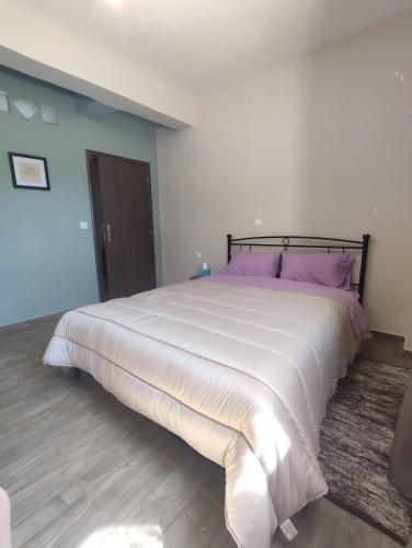 1 dormitorio con 1 cama grande con almohadas moradas en Aithra 2, en Tripolis