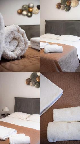 un collage de cuatro fotos de una cama con toallas en Studio Theotoki 2 en Corfú