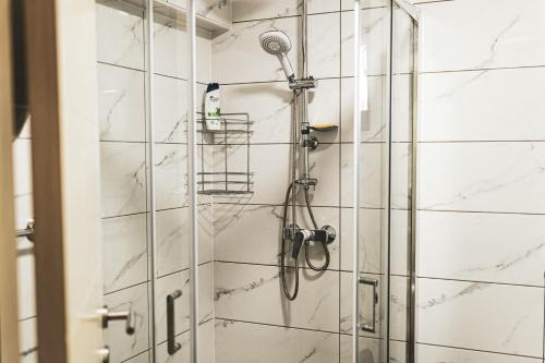 a shower in a bathroom with white marble walls at ENIGMA in Vrdnik