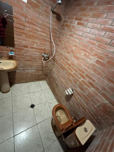 a bathroom with a toilet and a sink at Martvili canyon cottage in Martvili