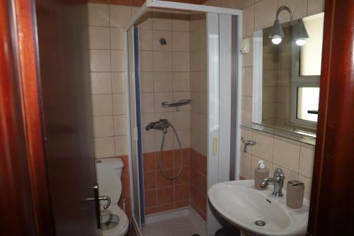 a bathroom with a shower and a sink and a toilet at Evimerou Villa in Kos Town