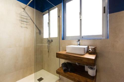 a bathroom with a sink and a glass shower at Townhouse with dreamy terrace in Valletta