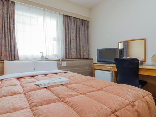 a bedroom with a bed and a desk and a television at Hotel Maira in Okayama