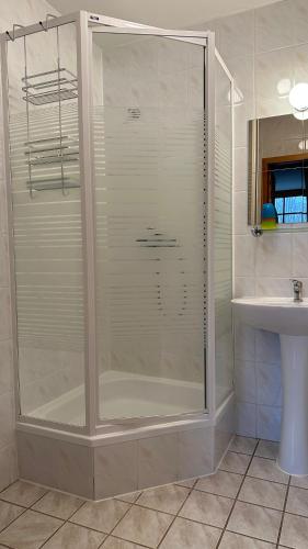a glass shower in a bathroom with a sink at Iwenica in Stara Kamienica
