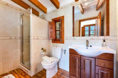 a bathroom with a toilet and a sink and a shower at Villa Florida in Fornalutx