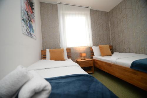 a small room with two beds and a window at Apartmani Čarolija in Lučani