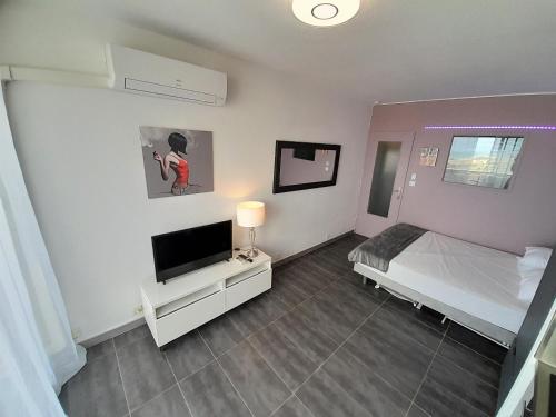 une chambre avec un lit et une télévision à écran plat dans l'établissement Studio Village Naturiste Baby Doll, au Cap d'Agde