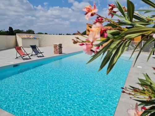 - une piscine bleue avec 2 chaises et des fleurs dans l'établissement appart cosy avec son exterieur chaleureux,piscine et parking prive, à Fontvieille