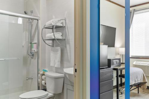 a bathroom with a toilet and a shower and a television at Highbridge Hotel in Bronx