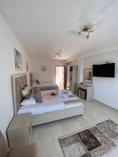 a bedroom with a large bed and a flat screen tv at Apartments Gusar in Ulcinj