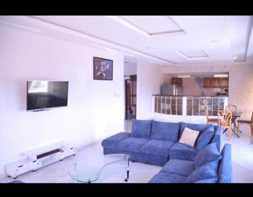 a living room with a blue couch and a tv at RÉSIDENCE K&K - Lomé-Kégué-Kpatcha in Kopégan