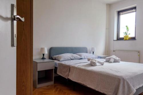 1 Schlafzimmer mit 2 Betten und einem Fenster in der Unterkunft Cozy flower apartment in Vranje