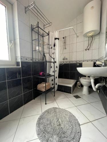 a bathroom with a sink and a toilet and a tub at Apartments Frigan in Maslenica