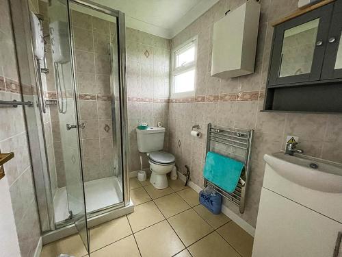 a bathroom with a shower and a toilet and a sink at Superb Chalet In Nearby Hemsby Beach In Norfolk With Free Wifi Ref 00122ba in Hemsby