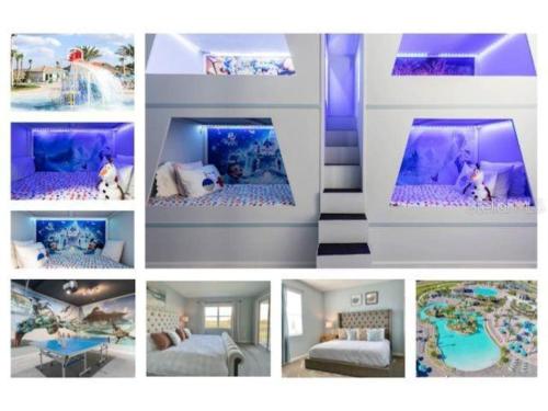 a collage of pictures of a bedroom with a dog in a room at Luxury Champions Gate Condo-Disney Firework Views! in Kissimmee