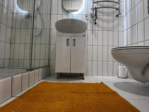 bagno con lavandino, servizi igienici e tappeto di Apartment Lesya Kurbasa a Lviv