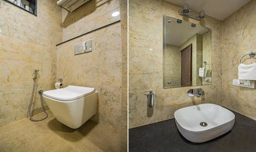 two pictures of a bathroom with a toilet and a sink at Treebo Gyani's in Jamshedpur