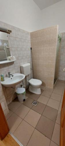 a bathroom with a toilet and a sink at Szabó József Evangélikus Vendégház in Balassagyarmat