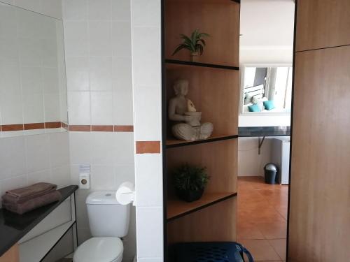 a small bathroom with a toilet and a mirror at Cove Rock Lodge on Cowrie in East London