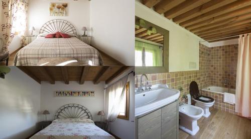 two pictures of a bedroom with a bed and a bathroom at La Casa di Campagna in Spresiano