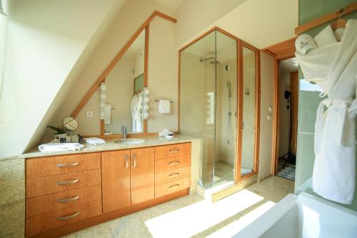 een badkamer met een wastafel en een douche bij B&B Château Valmy - Teritoria in Argelès-sur-Mer