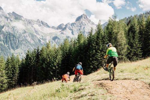 un gruppo di persone che vanno in bicicletta su un sentiero di montagna di Walliserhof a Brand