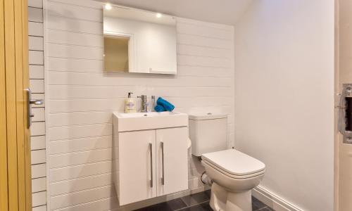 a bathroom with a toilet and a sink and a mirror at Barn End in Ambleside