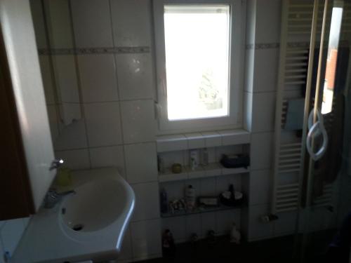 La salle de bains est pourvue d'un lavabo et d'une fenêtre. dans l'établissement Hainbuche, à Schauenburg