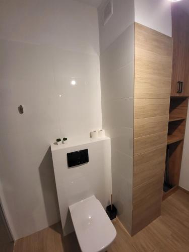 a white bathroom with a toilet and a sink at Nest Niebieski in Zator