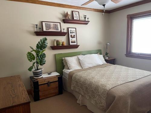 ein Schlafzimmer mit einem Bett und einer Topfpflanze in der Unterkunft Sand Lake Getaway Lakefront in Tipton
