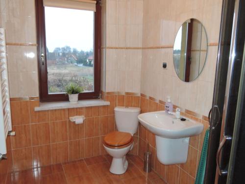 Un baño con inodoro, lavabo y ventana. en Holiday Home Kolczewo near Baltic Sea Beach, en Kołczewo
