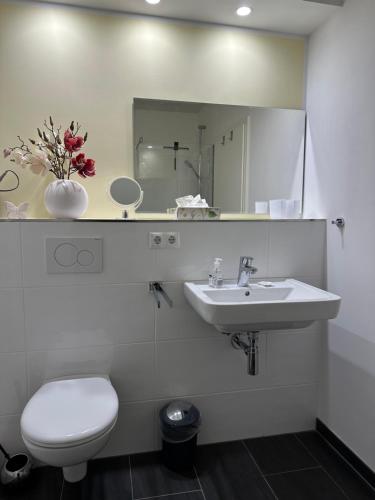 a bathroom with a sink and a toilet and a mirror at Weitblick - mit Strandkorb, mehr Meer geht nicht in Glücksburg