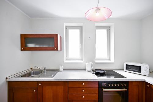a kitchen with a sink and a microwave at Residence Romanza in Mariánské Lázně